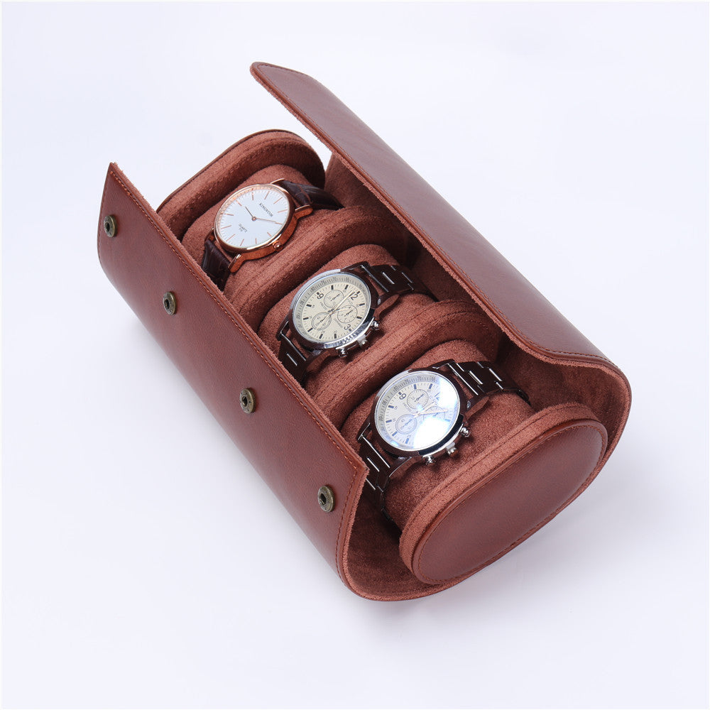 Boîte de rangement en cuir PU marron pour 3 montres, avec intérieur doux et compartiments individuels rembourrés, idéale pour protéger et organiser vos montres lors de vos déplacements ou à la maison.
