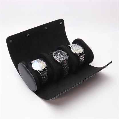 Boîte de rangement en cuir PU noir pour 3 montres, avec intérieur doux et compartiments individuels rembourrés, idéale pour protéger et organiser vos montres lors de vos déplacements ou à la maison.