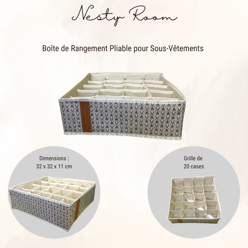 Boîte de rangement pliable pour sous-vêtements, couleur beige dimensions 32*32*11 cm, avec 6 cases. (exemple pour ranger les culottes ou chaussettes)