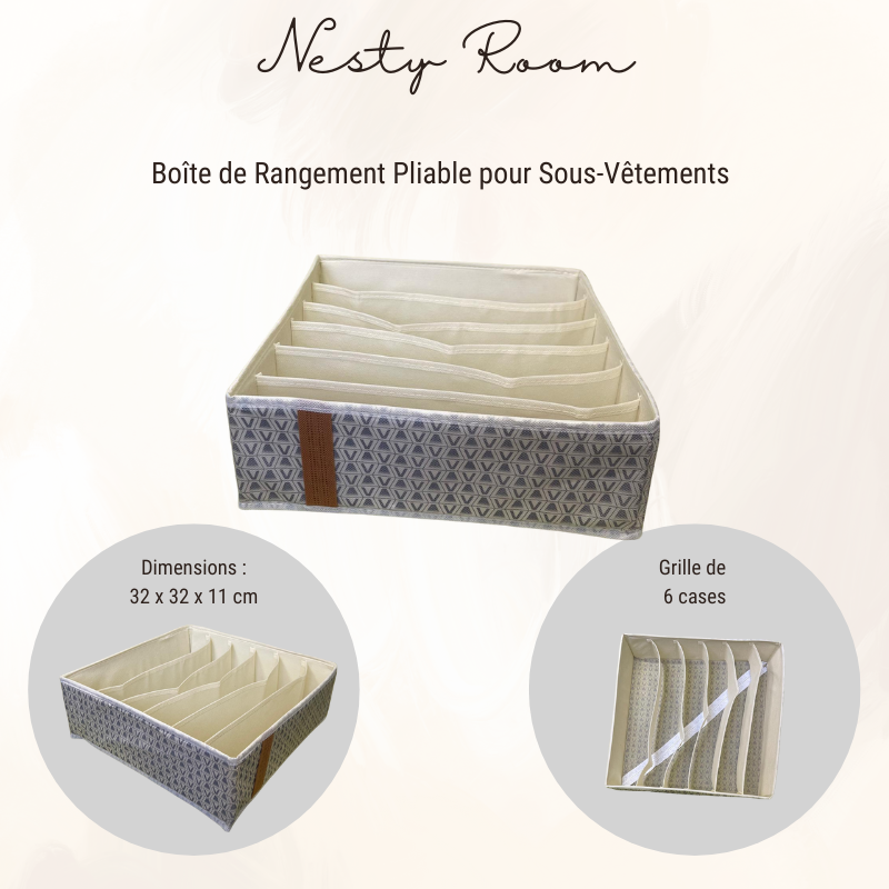 Boîte de rangement pliable pour sous-vêtements, couleur beige dimensions 32*32*11 cm, avec 6 cases. (exemple pour ranger les soutiens gorge)