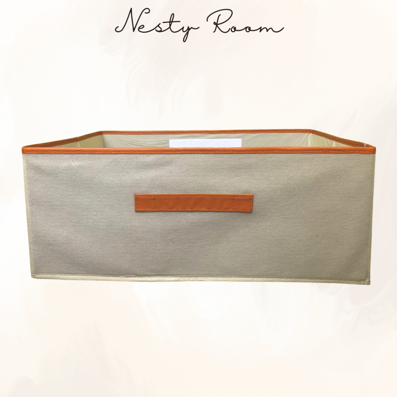 Organisateur de rangement pour vêtements, beige, dimensions 50 x 40 x 20 cm. Pliable, empilable et dispose d'un séparateur à scratcher.