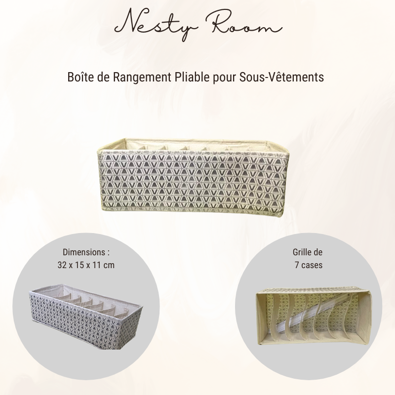 Boîte de rangement pliable pour sous-vêtements, couleur beige dimensions 32*15*11 cm, avec 7 cases. (exemple pour ranger les foulards)