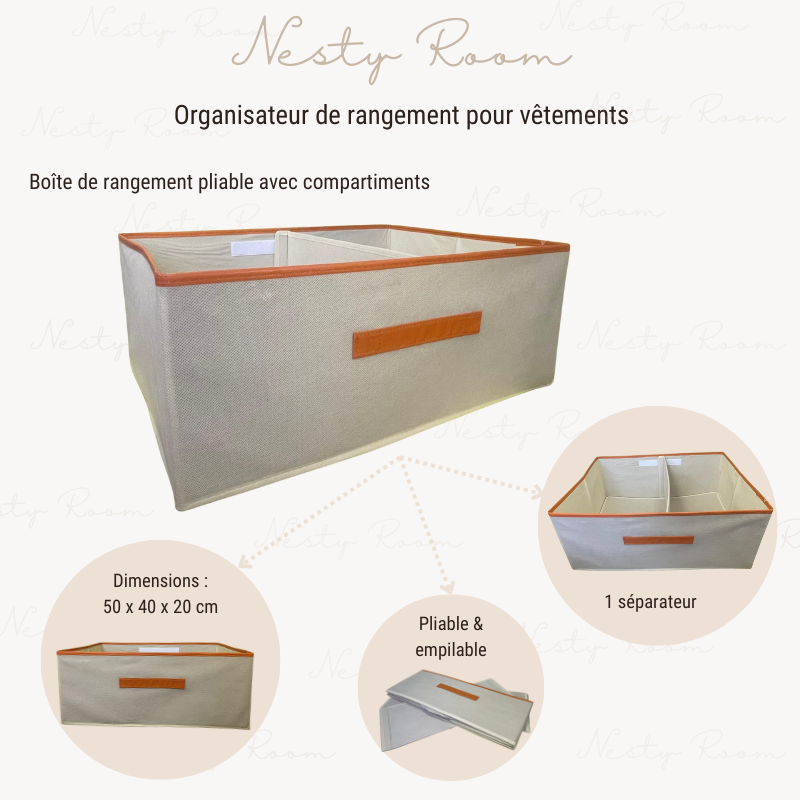 Organisateur de rangement pour vêtements, beige, dimensions 50 x 40 x 20 cm. Pliable, empilable et dispose d'un séparateur à scratcher.