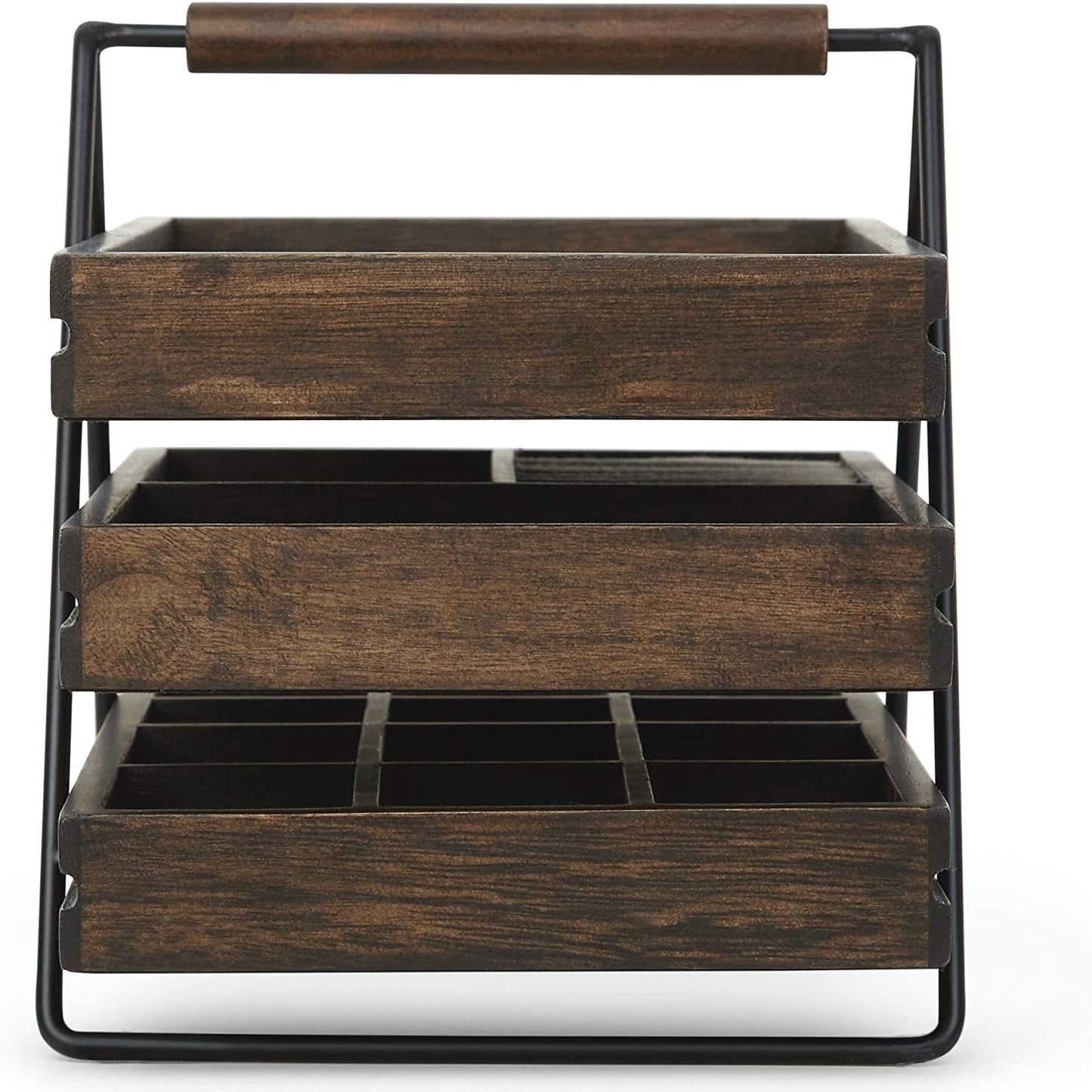 Présentoir à bijoux 3 niveaux en bois de pin, design rétro avec structure métallique noire, idéal pour organiser et exposer des bijoux tels que bagues, colliers et bracelets.